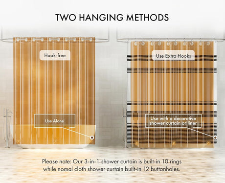 Two methods of using a shower curtain with text labels on a neutral background