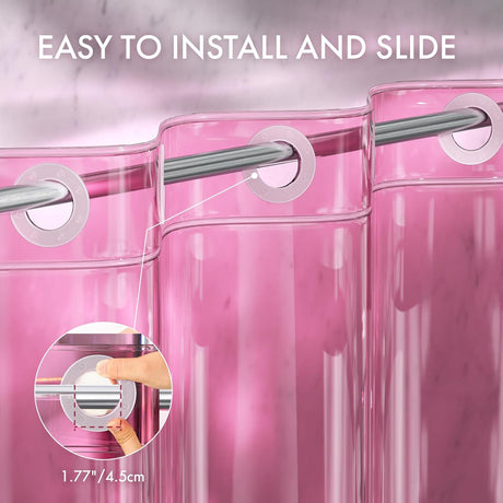 Pink curtain with metal rod and clear plastic rings, labeled 'Easy to install and slide'.