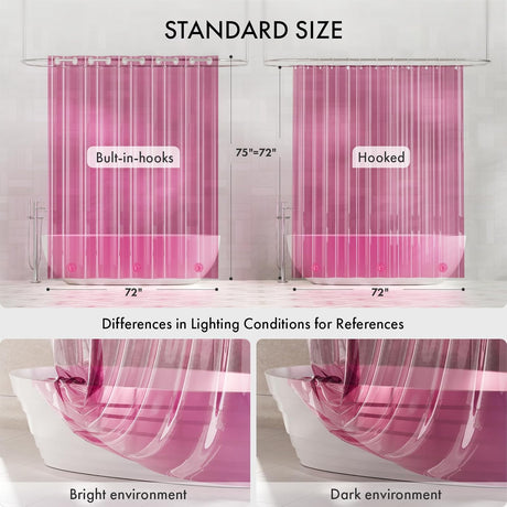 Measurement chart for pink curtains with labeled dimensions and examples of lighting conditions.