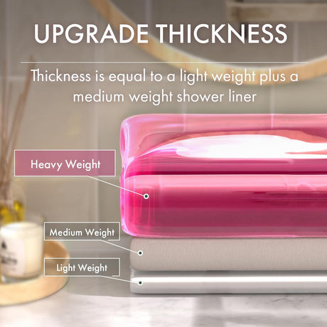 Shower liner with weight labels on a bathroom background