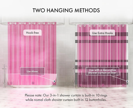 Two methods of hanging a pink shower curtain with text labels on a white background.