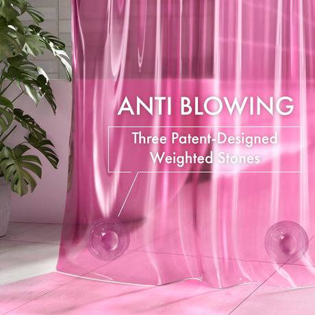 Pink curtain with text 'ANTI BLOWING' and 'Three Patent-Designed Weighted Stones' in a room with a plant.