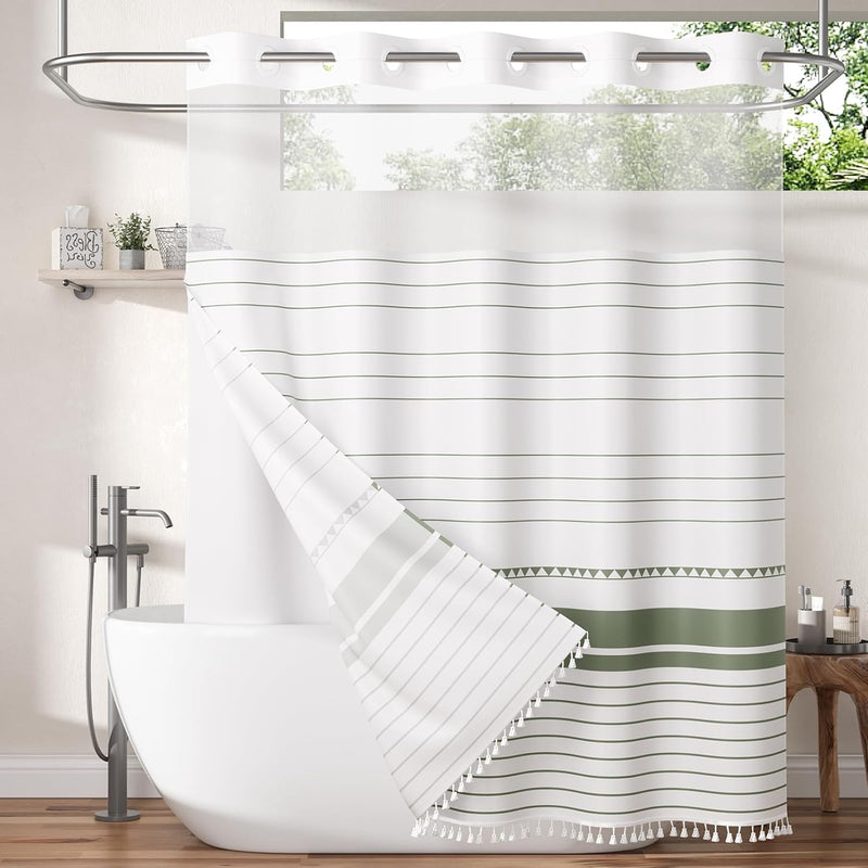 Striped shower curtain with tassels in a bathroom setting
