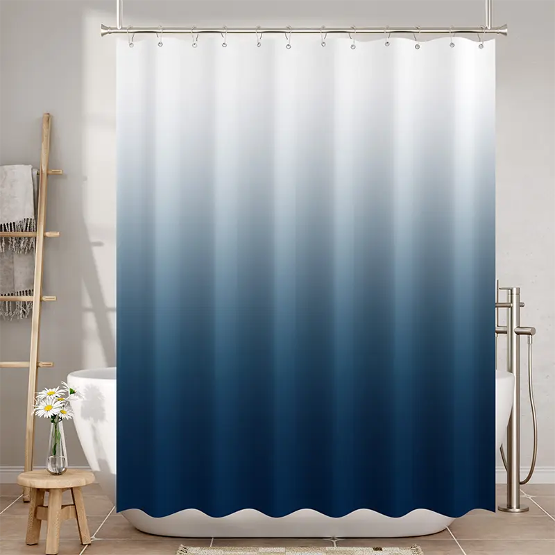 AmazerBath blue ombre shower curtain fading from white to deep navy in a bright bathroom