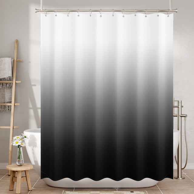 Gradient shower curtain transitioning from white to black in a bathroom setting.