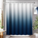 Shower curtain with blue and white gradient in a bathroom setting