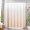 Beige gradient shower curtain in a bathroom setting with plants and a mirror.