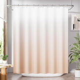 Beige gradient shower curtain in a bathroom setting with plants and a mirror.