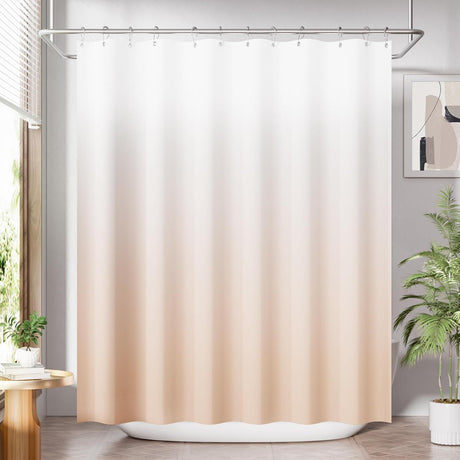 Beige gradient shower curtain in a bathroom setting with plants and a mirror.