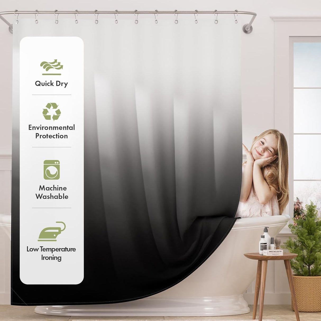 Shower curtain with environmental features and a woman in a bathroom.