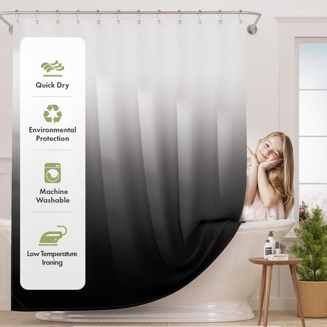 Shower curtain with environmental features and a woman in a bathroom.