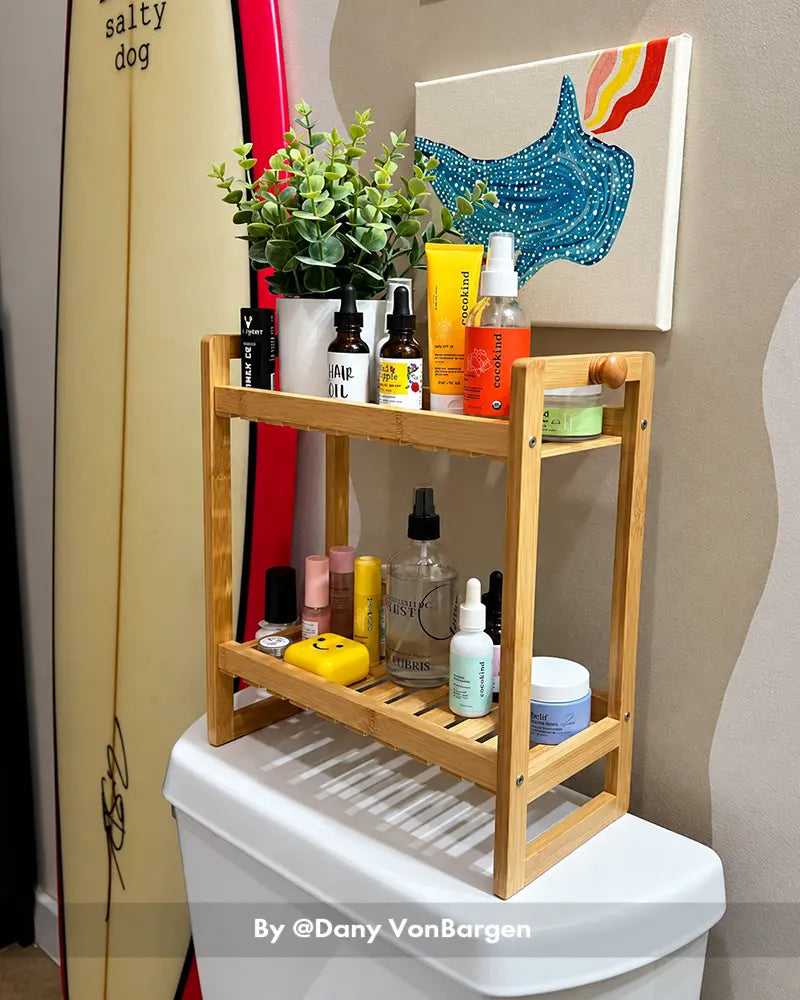 Customer photo by Dany VonBargen showing an over-the-toilet storage rack installed above a toilet, with its shelving on display.