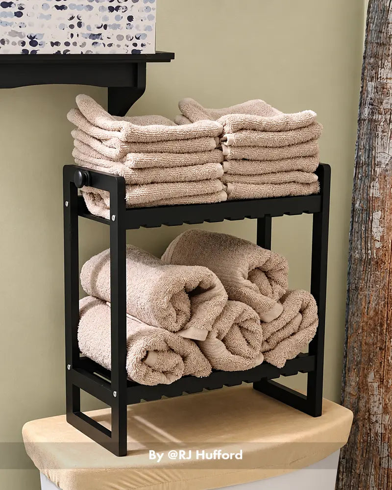 Customer photo by RJ Hufford showing an over-the-toilet storage rack installed above a toilet, with its shelving on display.