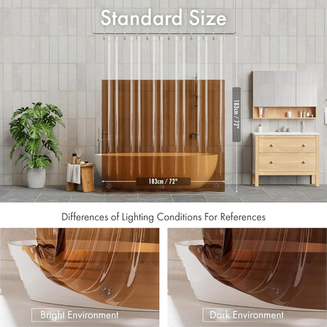 Bathroom setting with a bathtub and shower curtain, showing standard size and lighting conditions.