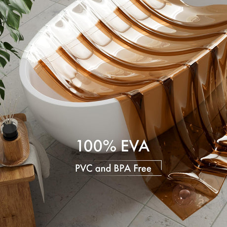 Brown shower curtain liner with white text on a bathroom floor.