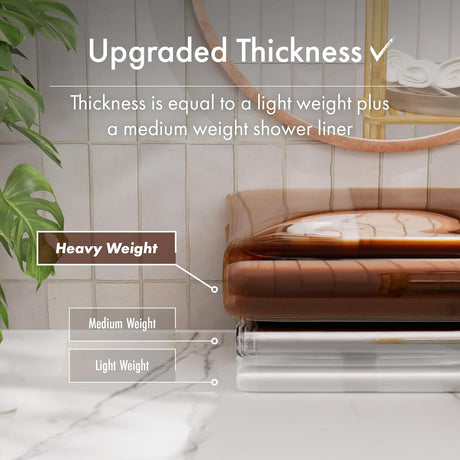 Shower liner with text on thickness comparison in a bathroom setting