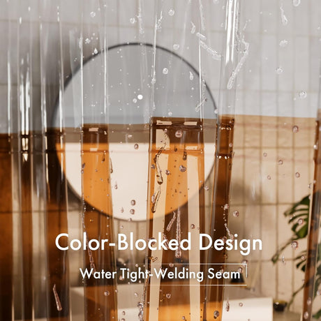 Clear shower curtain with a color-blocked design featuring a welding seam.
