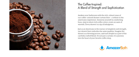 Coffee beans and a container of coffee grounds with text about AmazerBath on a dark background