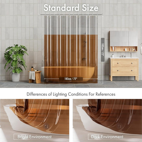 Bathroom setting with a bathtub and shower curtain, showing standard size and lighting conditions.