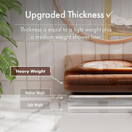 Shower liner with text on thickness comparison in a bathroom setting