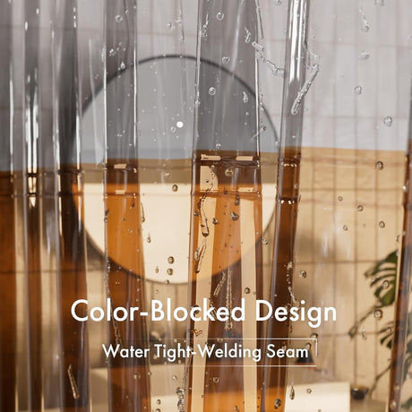 Clear plastic curtain with water-tight welding seam and color-blocked design.