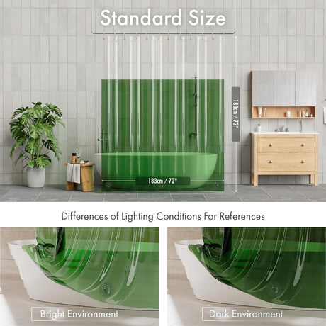 Clear shower curtain with dimensions displayed in a bathroom setting, showing differences in lighting.