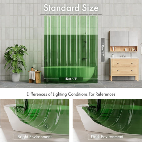 Green shower curtain with measurements in a bathroom setting, showing differences in lighting.
