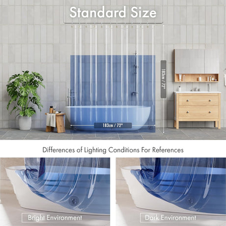 Bathroom setup with a bathtub covered by a clear shower curtain, showing differences in lighting conditions.
