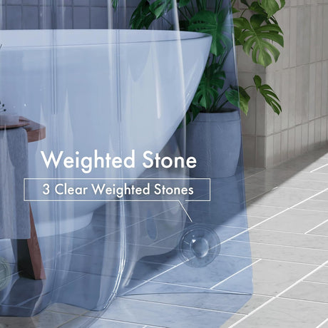 Bathroom setting with a bathtub and shower curtain labeled 'Weighted Stone'.