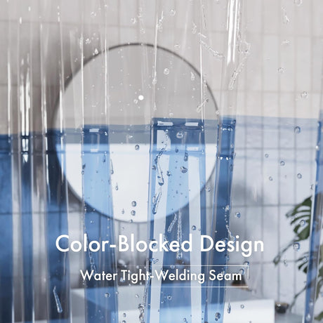 Clear plastic curtain with blue and white color-blocked design, water tight welding seam.