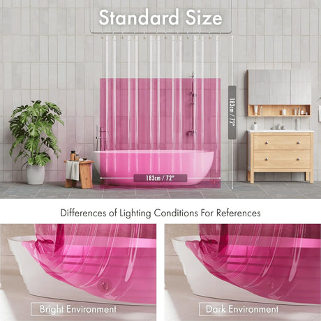 Pink transparent shower curtain with dimensions displayed in a bathroom setting.