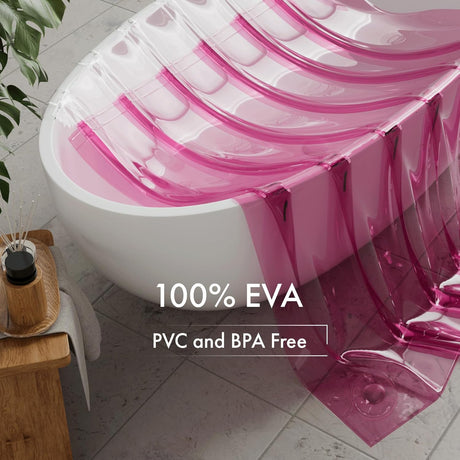 Pink transparent chair with white base on a tiled floor, with text '100% EVA PVC and BPA Free'.