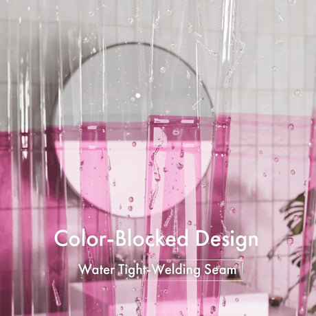 Pink and white shower curtain with water tight welding seam