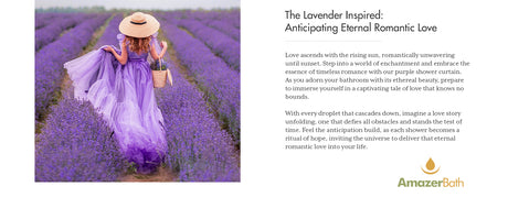 Woman in a purple dress and hat standing in a lavender field with text about AmazerBath products.