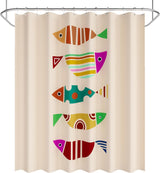Shower curtain with colorful fish pattern on a beige background