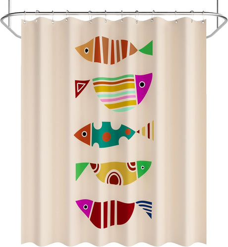 Shower curtain with colorful fish pattern on a beige background