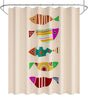 Shower curtain with colorful fish pattern on a beige background