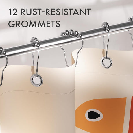 Shower curtain with rust-resistant grommets on a rod, featuring text '12 Rust-Resistant Grommets'.