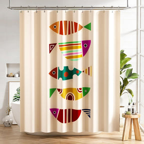 Shower curtain with colorful fish pattern in a bathroom setting