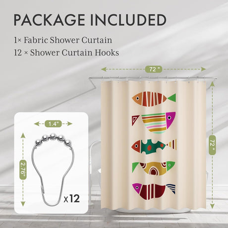 Shower curtain with colorful fish design and packaging showing hooks included.