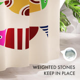 Colorful abstract design on a shower curtain with text about weighted stones.
