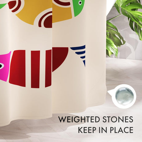 Colorful abstract design on a shower curtain with text about weighted stones.
