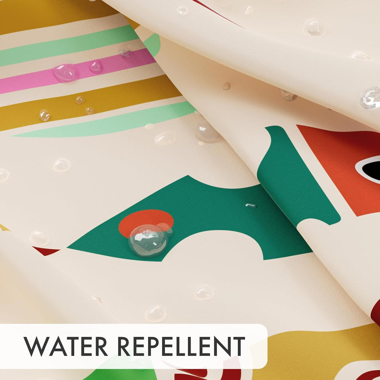 Colorful shower curtain with water droplets demonstrating water repellent property