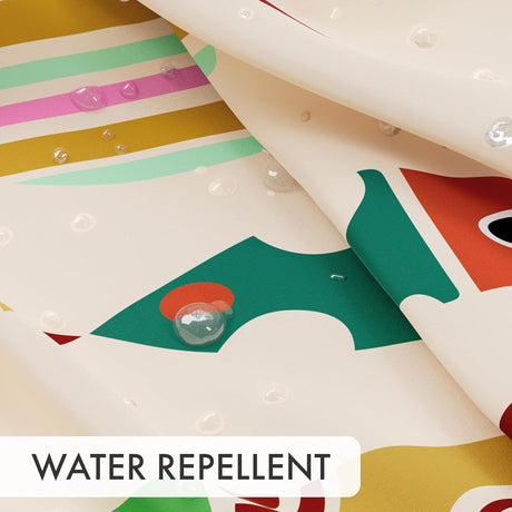 Colorful shower curtain with water droplets demonstrating water repellent property