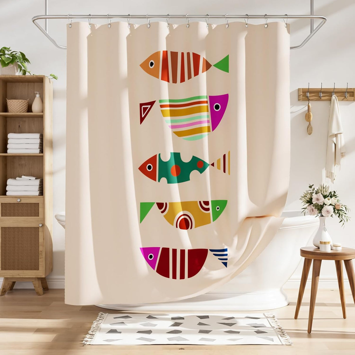 Shower curtain with colorful fish design in a bathroom setting
