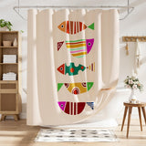 Shower curtain with colorful fish design in a bathroom setting