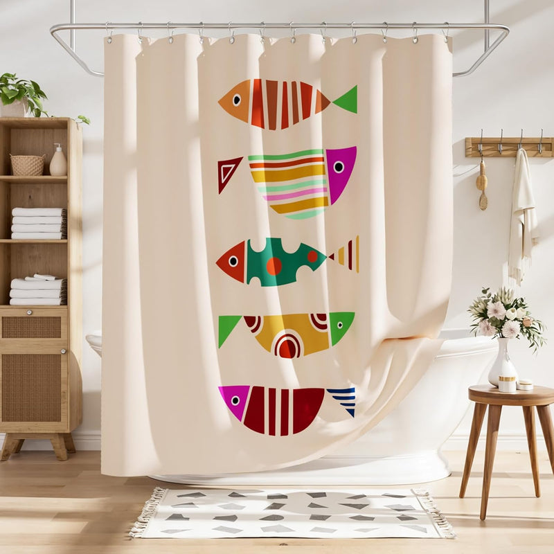 Shower curtain with colorful fish design in a bathroom setting