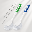 Two cleaning brushes with green and blue handles on a white background