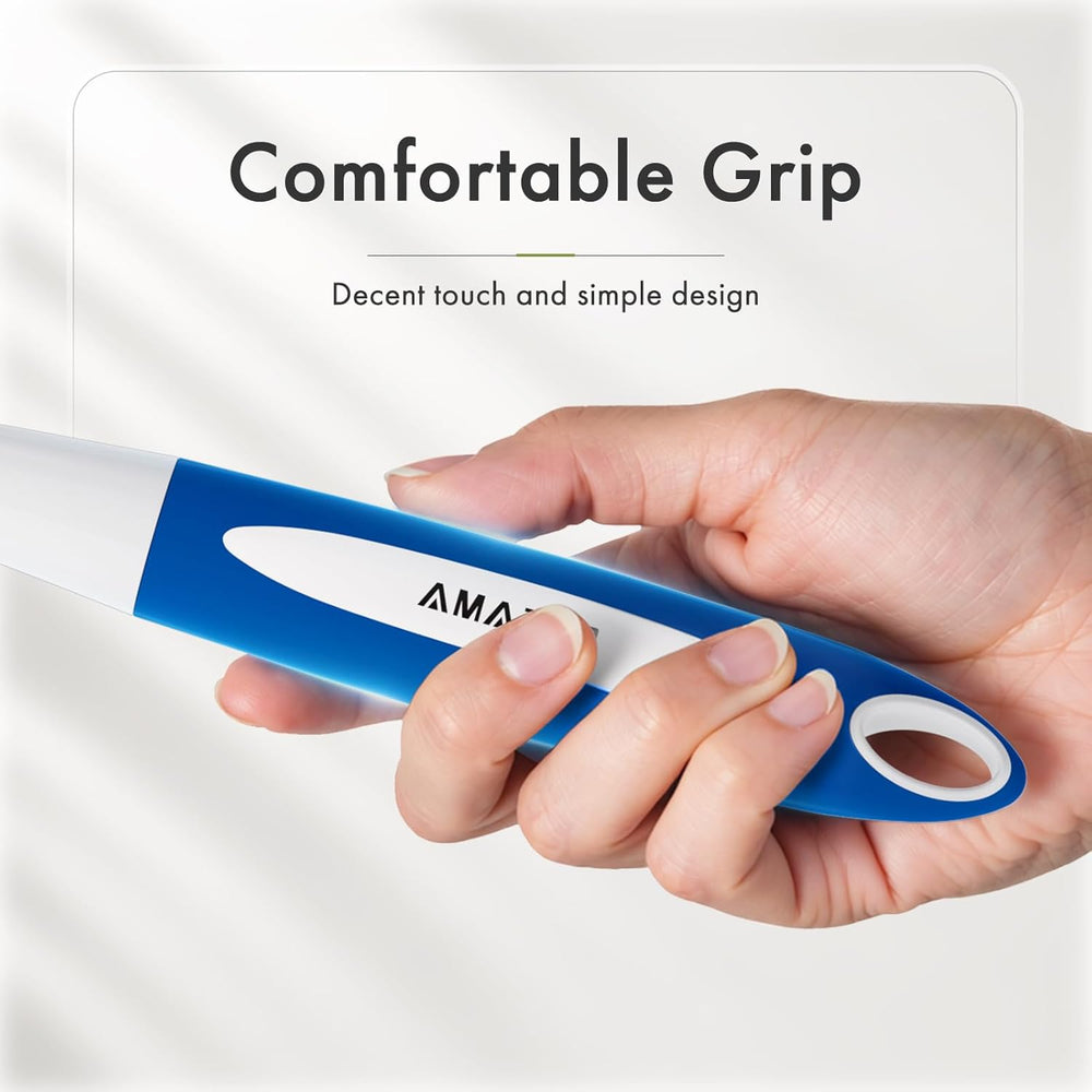 Hand holding a blue and white tool with 'AMAF' branding, text 'Comfortable Grip' and 'Decent touch and simple design' on a light gray background.