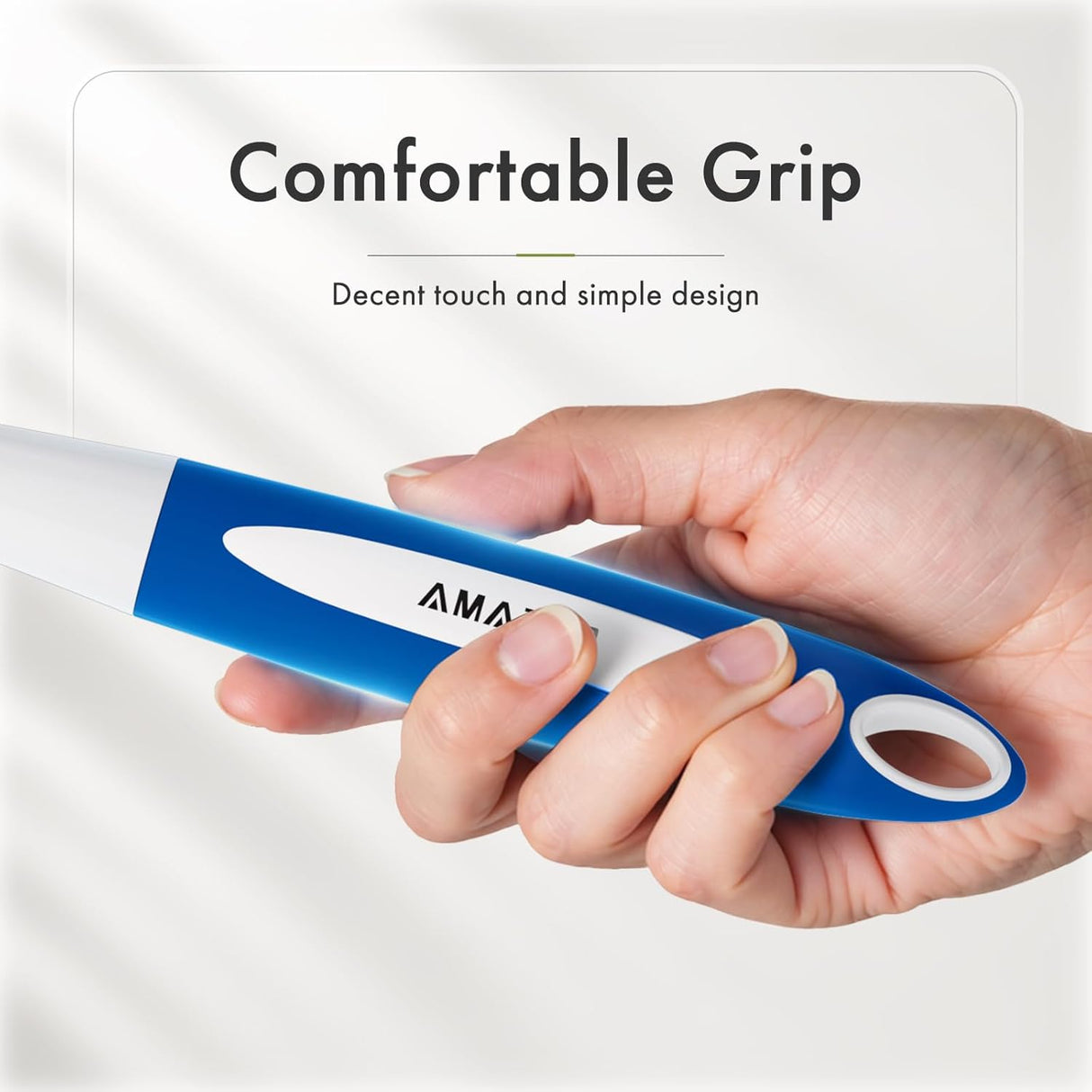 Hand holding a blue and white tool with 'AMAF' branding, text 'Comfortable Grip' and 'Decent touch and simple design' on a light gray background.